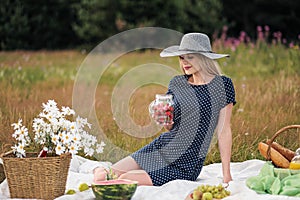 Young attractive woman in a blue dress at an outdoor picnic. A basket with daisies, watermelon, strawberries and a glass