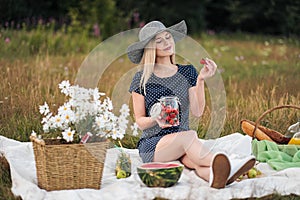 Young attractive woman in a blue dress at an outdoor picnic. A basket with daisies, watermelon, strawberries and a glass