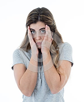 Young attractive woman looking scared, frightened and shocked. Human expressions and emotions