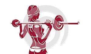 Young attractive woman with perfect muscular body training with a barbell vector illustration isolated, sport exercises active