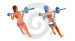 Young attractive woman with perfect muscular body training with a barbell vector illustration isolated, sport exercises active