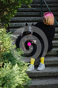 A young attractive woman with pink hair is sitting on the stairs in spring park with her Blue Heeler. Australian cattle