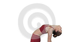 Young attractive woman practicing yoga, stretching in Ustrasana exercise, Camel pose on white background.