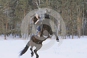 Young attractive woman riding on black horse in snowy forest