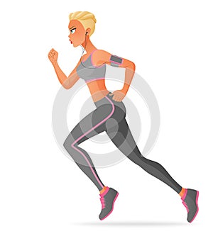 Young attractive woman running with headphones. Cartoon vector illustration isolated on white background.