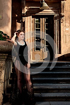 Young attractive woman in the sexy transparent black dress. Young woman portrait