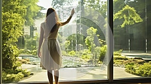 Young attractive woman standing near big full length window, touching glass. Enjoying garden view on exotic trees, grass, green