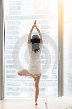 Young attractive woman in Vrksasana pose near the floor window