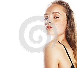 Young attractive woman wet long hair after workout isolated