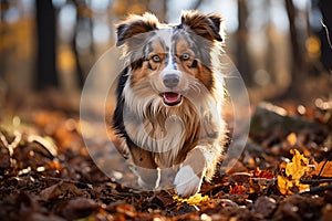 Young Australian sheperd running in a forest, in autumn. Generate AI