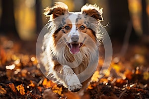 Young Australian sheperd running in a forest, in autumn. Generate AI