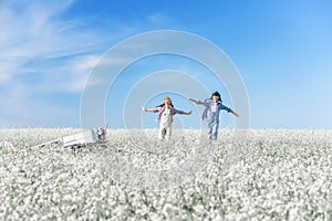 Young aviators with an airplane in the field