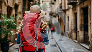 Young backpacker tourist exploring scenic old town streets of spain on solo vacation adventure