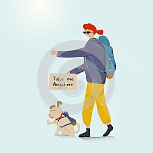 Young backpacking adventurous woman with a dog and hitchhiking on the road. Cartoon and Illustration vector
