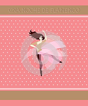 Young ballerina dressed in transparent pink skirt in shape of flower, dances on polka dots background. Flamenco night