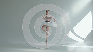 Young ballerina in pointe shoes and white ballet tutu makes pirouette. Shot on a white background in the spacious and