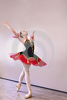 A young ballerina stands gracefully in pointe shoes on her toes in the studio.Ballet student practicing classical dance in studio