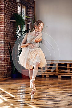 Young ballerina in tutu and pointe ballet shoes practicing dance moves in the dancing hall.