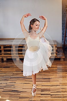 Young ballerina in white tutu practicing dance moves.