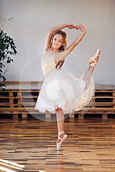 Young ballerina in white tutu practicing dance moves.