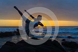 Ballet Dancer Leap Pose Beach Ocean Silhouetted