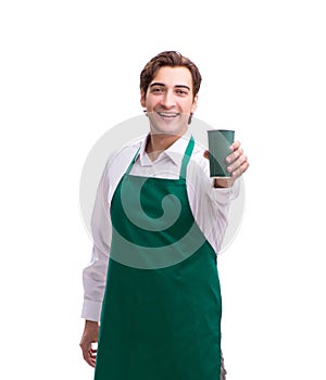 Young barista isolated on white background
