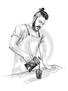 Young barista man in apron with a beard holds a coffee press and pours coffee in a mug. Vector illustration in pencil