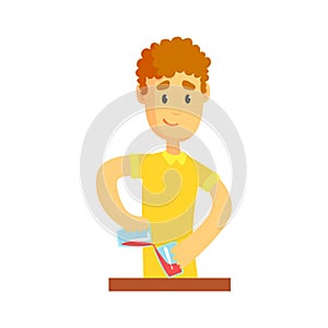 Young bartender man character standing at the bar counter Illustration