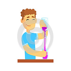 Young bartender man character standing at the bar counter pouring alcoholic beverage