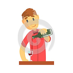 Young bartender man character standing at the bar counter pouring wine Illustration