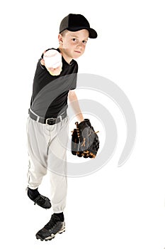 Young baseball player throwing the ball into the camera
