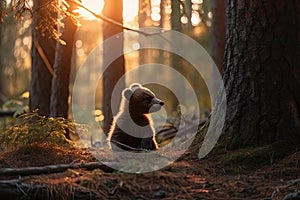 Young bear cub wandering through the woods