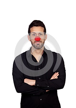 Young businessman with clown nose