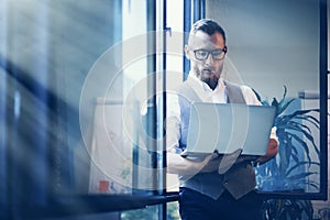 Young Bearded Businessman Wearing Glasses White Shirt Waistcoat Working Modern Laptop Holding Hands Near Panoramic