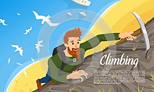 Young bearded hipster climber with Ice axe. Climbing a mountain. Activity Sport concept for poster. Tourist hiking