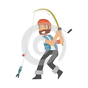 Young Bearded Man Character in Fisherman Boots with Angling Rod Fishing Vector Illustration