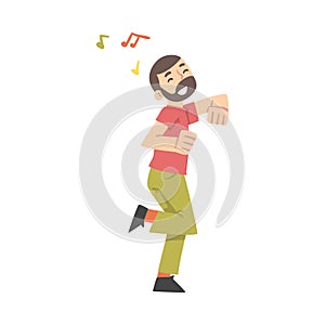 Young Bearded Man Dancing Moving Hands and Legs to Music Rythm Vector Illustration