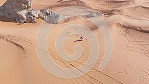 Young bearded man dressed as a shaman dancing on desert sand