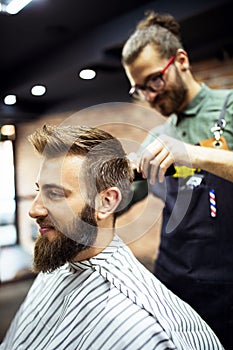 Young bearded man getting haircut by hairdresser while sitting in chair at barbershop