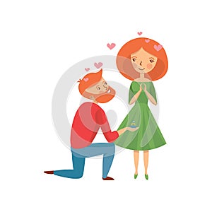 Young bearded man making proposal to his girlfriend and offering engagement ring. Romantic couple. Flat vector design