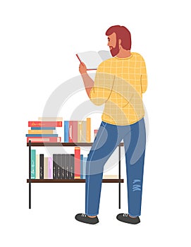 Young bearded man reading book vector illustration