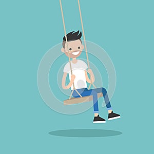 Young bearded man sitting on the swing / editable flat vector il