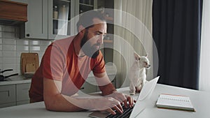 A young bearded man stands sideways in the kitchen in the company of a pet friend, a white dog of breed chihuahua