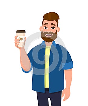 Young bearded trendy man holding a coffee cup in hand. Male character design illustration. Modern lifestyle, food and drink, break