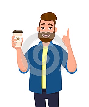 Young bearded trendy man holding a coffee cup and pointing up index finger. Male character design illustration. Modern lifestyle.