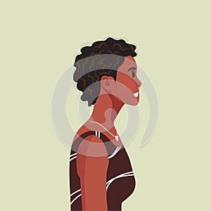 Young beautiful African American woman profile portrait. Female person with brown skin and curly hair. Vector illustration