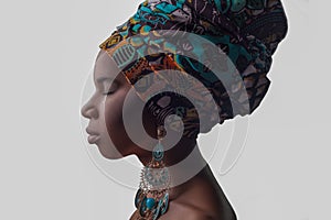 Young beautiful African woman in traditional style with scarf, earrings crying, isolated on gray background.