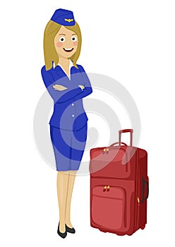 Young beautiful air hostess with suitcase isolated on white background