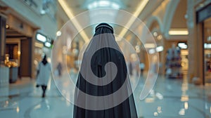 A young beautiful Arab woman in a black Abaya walks through a large shopping center