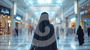 A young beautiful Arab woman in a black Abaya walks through a large shopping center